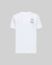 The Psycho Bunny MENS JESSE GRAPHIC TEE (MT0200056) is a plain white Pima cotton shirt with an eco-friendly, water-based pink and white bunny graphic above crossed bones on the left chest, set against a light grey background.