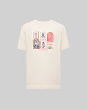 The Psycho Bunny MENS SUNDEW GRAPHIC TEE (MT0200195) is a cream-colored Pima cotton shirt in ocean view style, featuring colorful graphic patches and "Psycho Bunny" printed below the designs.