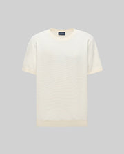 The Psycho Bunny MENS MARIO STRIPED SWEATER T-SHIRT (MT0400009) is a short-sleeved, off-white tee with a round neckline and a subtle embroidered logo on the left chest, displayed against a light gray background. Retro striped pattern adds style.