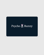 A rectangular card with a dark background features the text "Psycho Bunny Canada" in white. Between the words is a stylized logo of a bunny head with pink ears and a skull and crossbones beneath it. You can check your balance or redeem your Digital Gift Card for exclusive Psycho Bunny apparel using their digital platform.