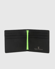 The Psycho Bunny MENS WALLET - B6A403B200 is open, revealing multiple card slots and a neon green accent. Made from grained leather, it features the white Psycho Bunny logo printed on the lower right interior.