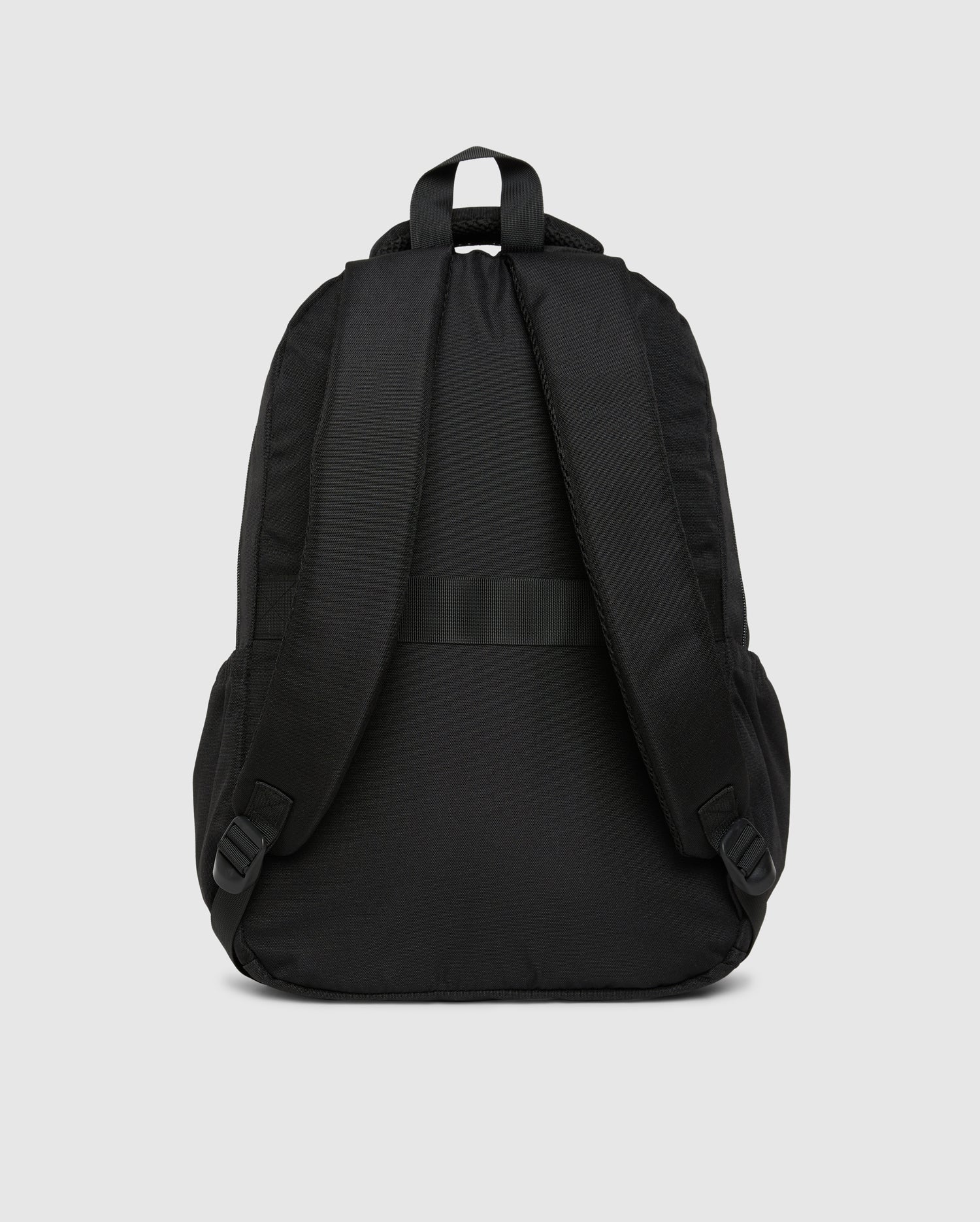 Introducing the Psycho Bunny KIDS BACKPACK - B0A175D200: a sleek black backpack designed with adjustable shoulder straps and a convenient carrying handle at the top. The back and straps are well-padded for enhanced comfort, and it includes an easily accessible water bottle pocket on the side. The product is showcased against a simple white background.