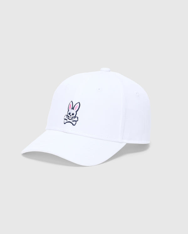 The KIDS CLASSIC BASEBALL CAP - B0A816A1HT by Psycho Bunny is a classic white cap with an embroidered bunny, featuring a pink rabbit and skull and crossbones front-center, offering an adjustable fit for comfort and style.