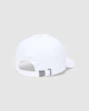 The KIDS CLASSIC BASEBALL CAP - B0A816A1HT by Psycho Bunny features a white cap with an adjustable silver buckle and an embroidered Bunny logo. With its back facing the viewer and set against a light gray background, this piece exudes timeless style and practicality.
