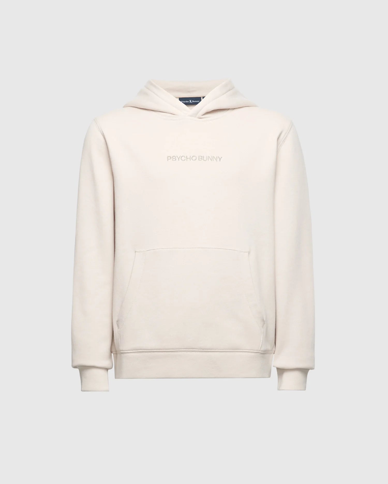 The KIDS NORA CLASSIC FRENCH TERRY WORDMARK HOODIE by Psycho Bunny in cream has an embroidered "PSYCHO BUNNY" logo on the chest, a front pocket, and ribbed cuffs set against a light grey background. Model: B0H434F200.