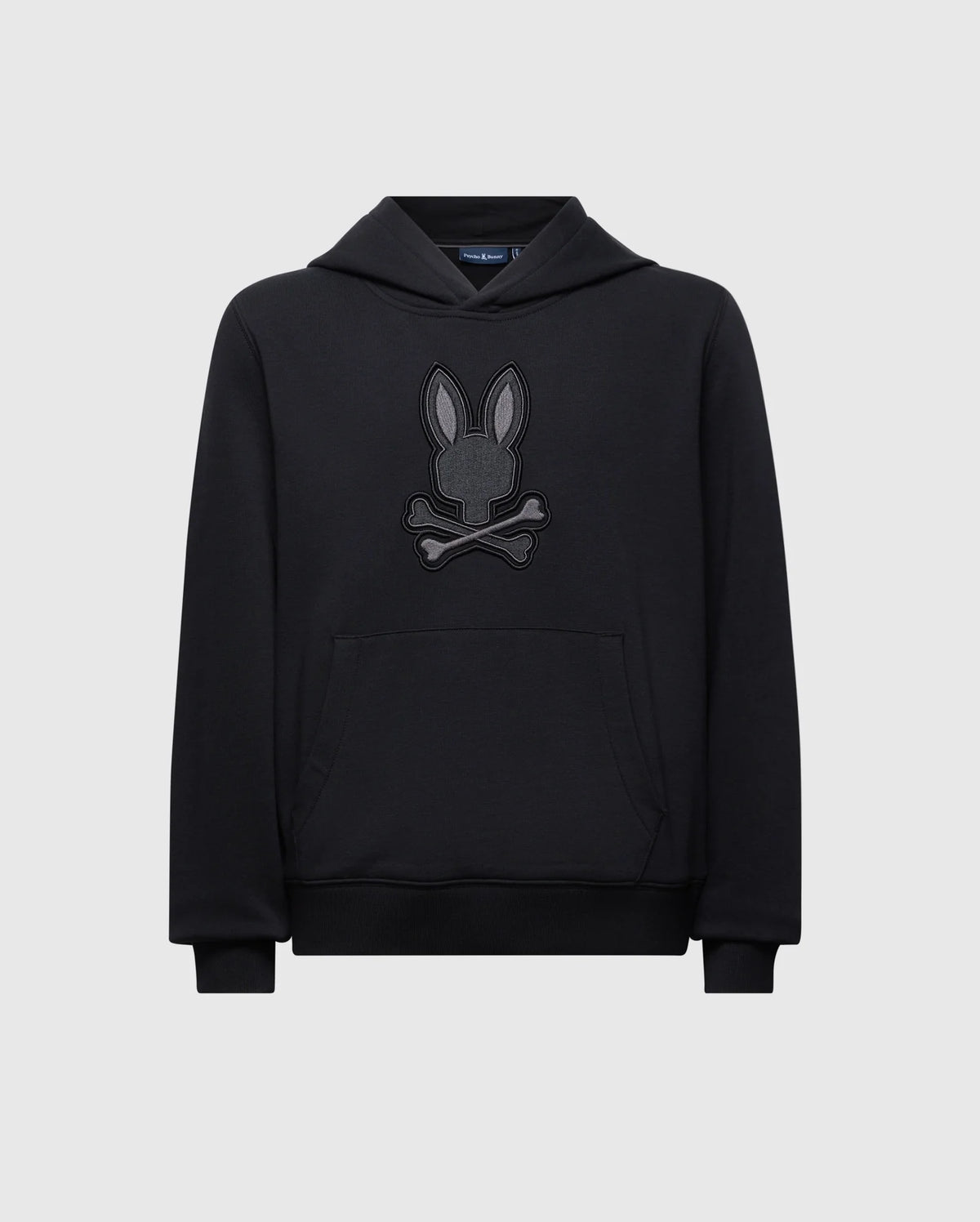 Introducing the Psycho Bunny Kids New Castle Embroidered French Terry Hoodie (B0H517F200), a luxurious black piece with a large front pocket and an embroidered bunny above crossed bones, featuring long sleeves and a comfy hood, set against a light gray background.