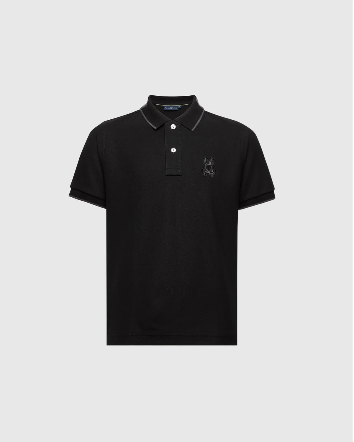 The Psycho Bunny KIDS NEW CASTLE PIQUE POLO (B0K487F200) features a refined black Pima cotton design, short sleeves, and a collar. It sports an embroidered Bunny logo on the left chest and is displayed against a light gray backdrop, ideal for a recess-ready style.