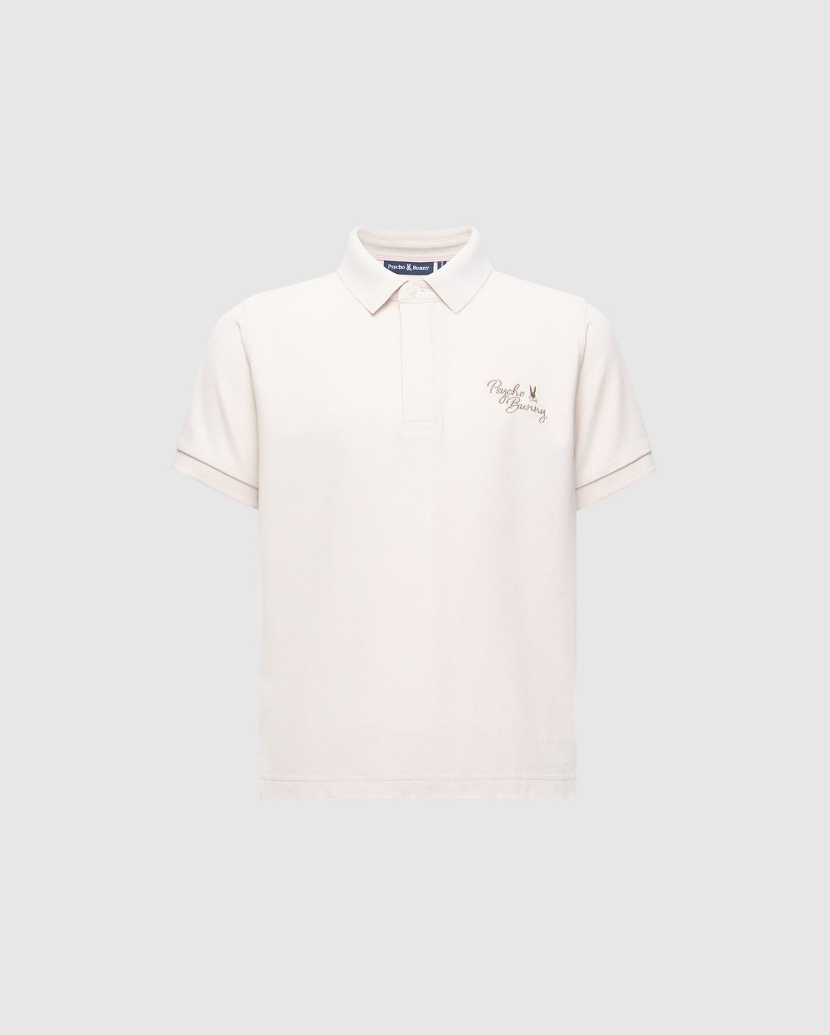 The Psycho Bunny KIDS DESERT PIQUE POLO - B0K506F200 is a classic, gray Pima cotton shirt with a collar, short sleeves, and features an embroidered crown and "Polo Factory" on the left chest for a timeless look.