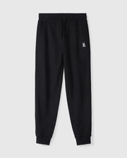 The Psycho Bunny KIDS LEVY ESSENTIAL FLEECE SWEATPANT in black, product B0P721D200, offers ultimate comfort with its elastic waistband, drawstring, and cuffed ankles. Featuring a small white embroidered logo on the upper left side, they are shown on a plain gray background to highlight the cozy fabric.