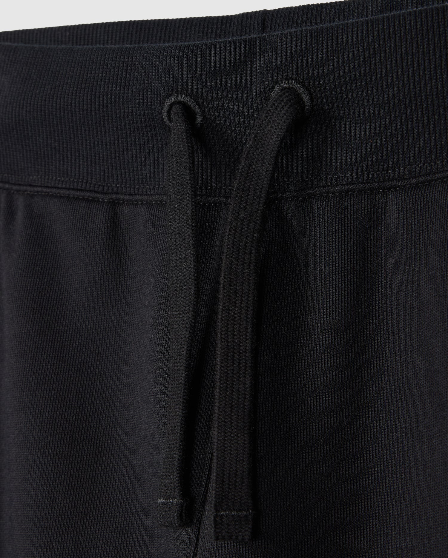 The Psycho Bunny KIDS LEVY ESSENTIAL FLEECE SWEATPANT (B0P721D200) showcases black cotton with a ribbed waistband and black drawstrings. The cozy fleece fabric is soft and slightly textured, ideal for casual wear.