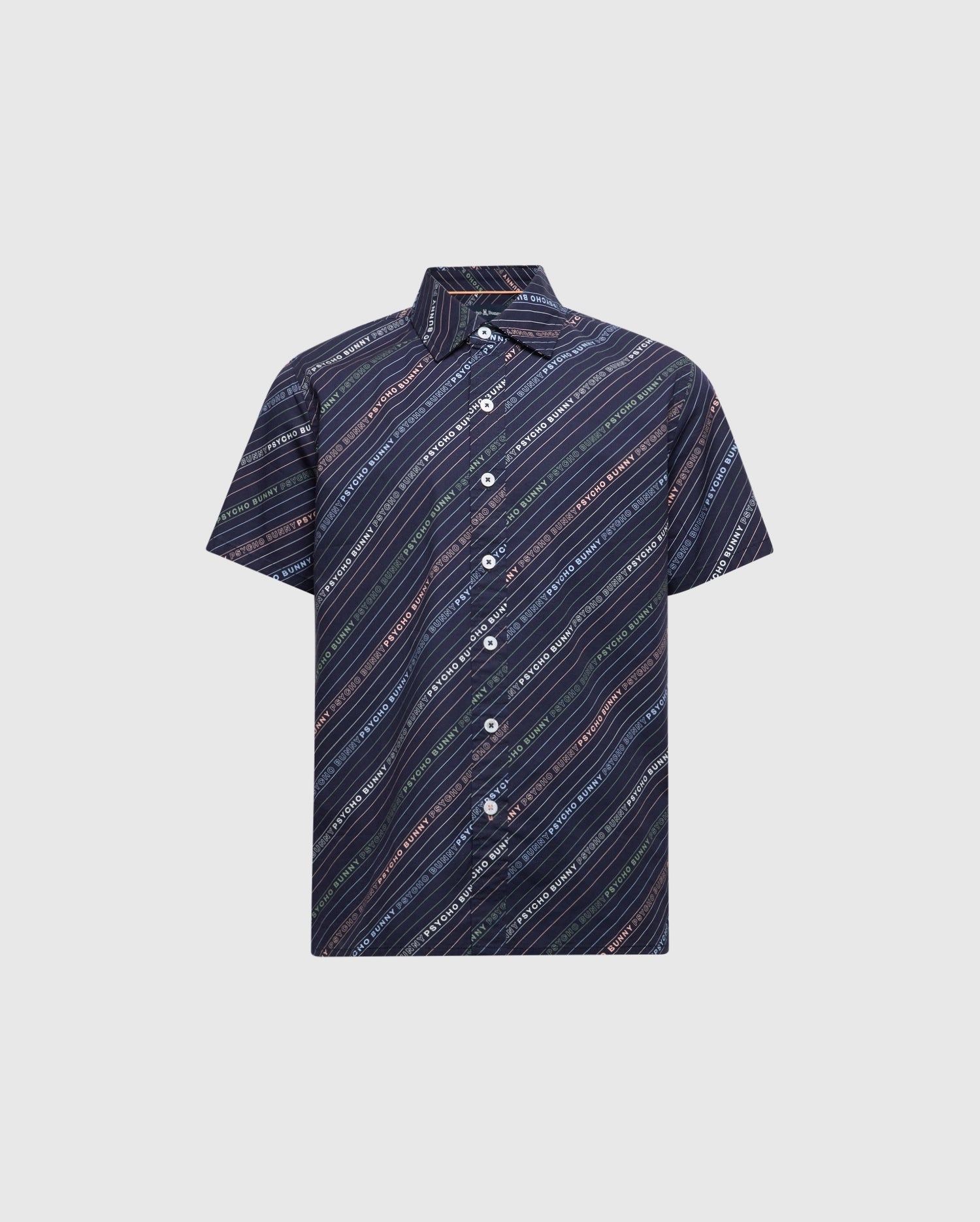 The Psycho Bunny KIDS RENMARK STRETCH POPLIN WOVEN SHIRT (B0Q629F200) is a short-sleeved button-up crafted from premium stretch poplin with a colorful diagonal logo-striped pattern on a dark background, featuring a collar and gleaming Mother-of-Pearl buttons.