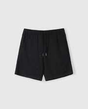 The KIDS WILLIS STRETCH TENCEL SHORT - B0R239Y1WB by Psycho Bunny are black athletic shorts with a slim fit, elastic waistband, and drawstring. They feature side pockets and an embroidered bunny logo on the lower left front and are laid flat on a light gray background.
