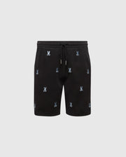 The KIDS ALL OVER WILLIS STRETCH TENCEL SHORT by Psycho Bunny features black drawstring shorts with an elastic waist and an all-over light blue Bunny logo pattern, shown on a plain light gray background.