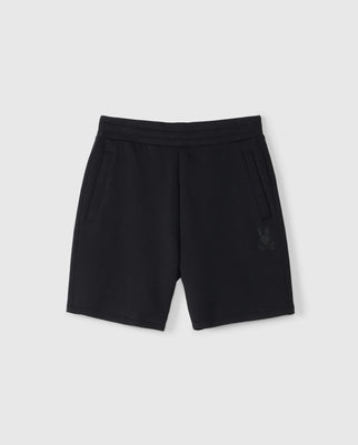 Psycho Bunny's KIDS LYONS SWEATSHORT - B0R578C200 are black sweatshorts featuring a subtle logo on the lower left front, made from a comfy cotton blend. They have an elastic waistband, two side pockets, and are displayed flat on a light gray background.
