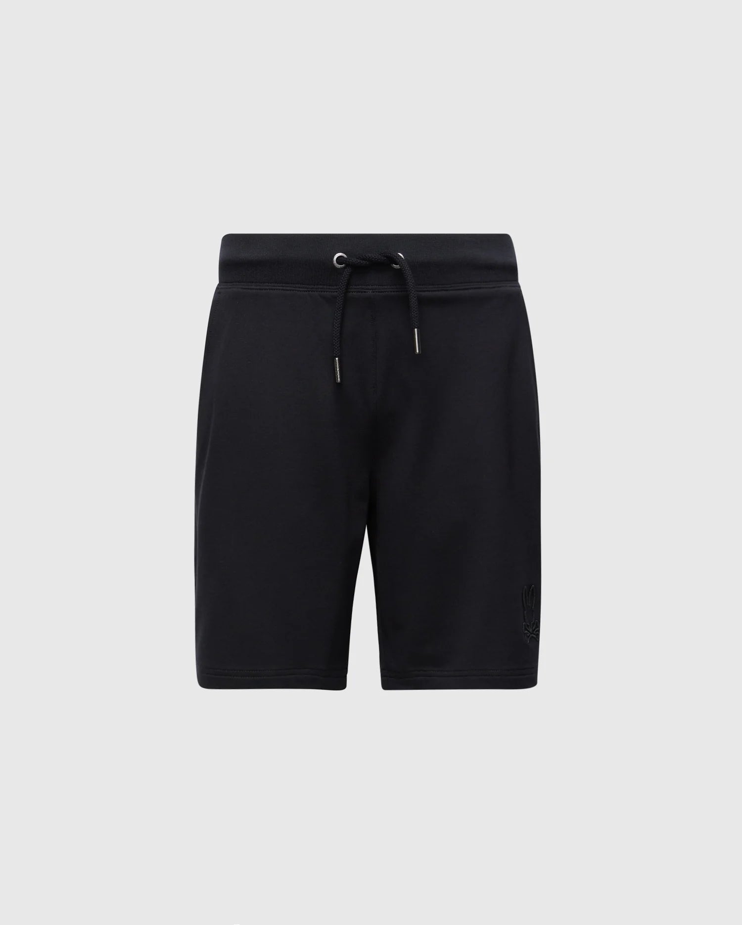 Psycho Bunny's Kids Levanzo French Terry Sweatshort (B0R578F200) features a micro French Terry fabric in black, with an elastic waistband and drawstring. A subtle logo adorns the lower left leg, set elegantly against a light gray background.