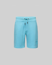 Psycho Bunny KIDS LEVANZO EMBROIDERED MICRO FRENCH TERRY SWEATSHORT - B0R578F200 in light blue offers ultimate comfort, with two metal grommets at the waistband and an embroidered bunny logo near the bottom left hem, shown on a gray background.