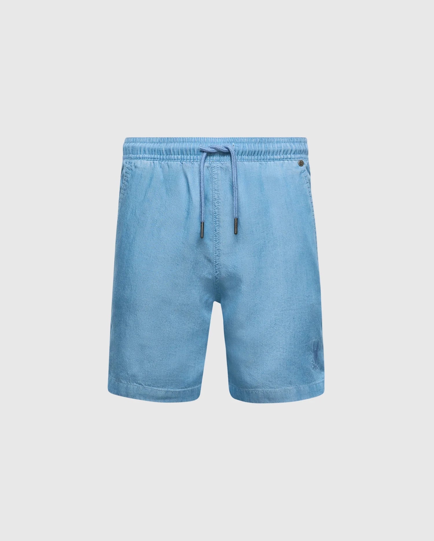 The Psycho Bunny KIDS KERVIN LIGHTWEIGHT DENIM WOVEN SHORT - B0R633F200 features a light blue hue, elasticized waist, drawstring, and side pockets, showcased on a plain white background.