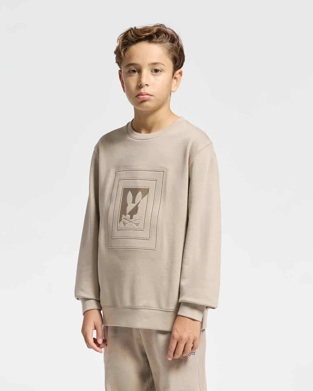 A young person is wearing the Psycho Bunny KIDS OAK CITY CREW NECK SWEATSHIRT - B0S274E200, which features a rectangular graphic with a stylized rabbit design on the chest. They stand against a plain light-colored background, and the lightweight sweatshirt beautifully complements their short, light brown hair as they gaze forward confidently.