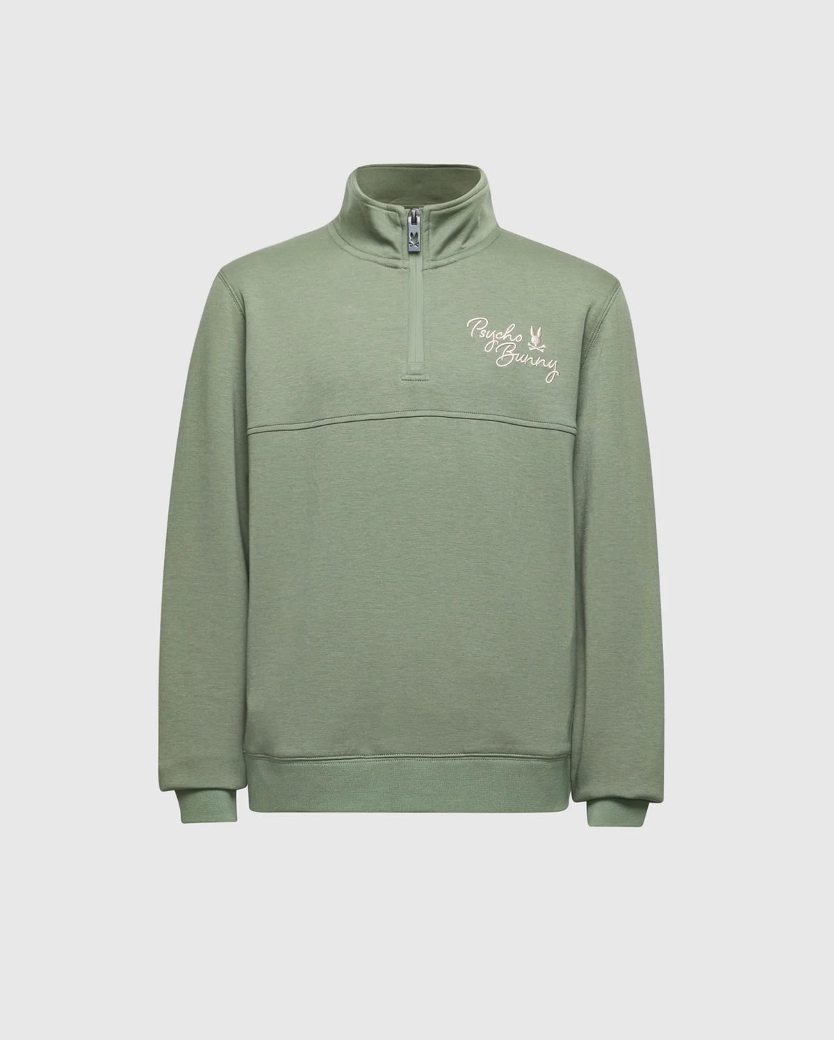 The KIDS DESERT 1/4 MOCK ZIP - B0S488F200 by Psycho Bunny is a green cotton quarter-zip pullover with long sleeves and a small embroidered wordmark logo on the left chest, offering a simple and casual design ideal for everyday wear.