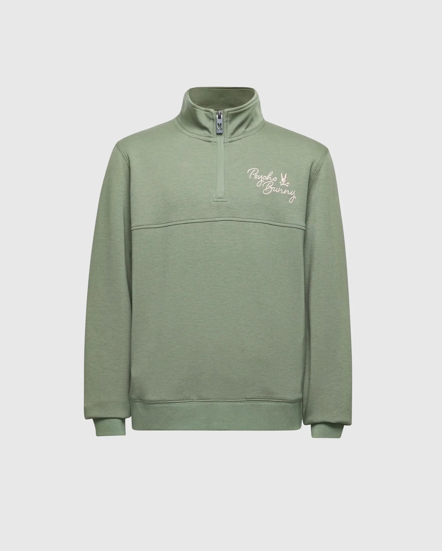The KIDS DESERT 1/4 MOCK ZIP - B0S488F200 by Psycho Bunny is a green cotton quarter-zip pullover with long sleeves and a small embroidered wordmark logo on the left chest, offering a simple and casual design ideal for everyday wear.