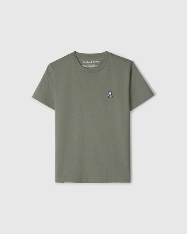 The Psycho Bunny KIDS CLASSIC CREW NECK TEE (B0U014B200) features a plain olive green design with 100% Pima cotton and a small embroidered bunny logo on the chest. Perfect for back-to-school outfits, it's displayed against a light gray background.