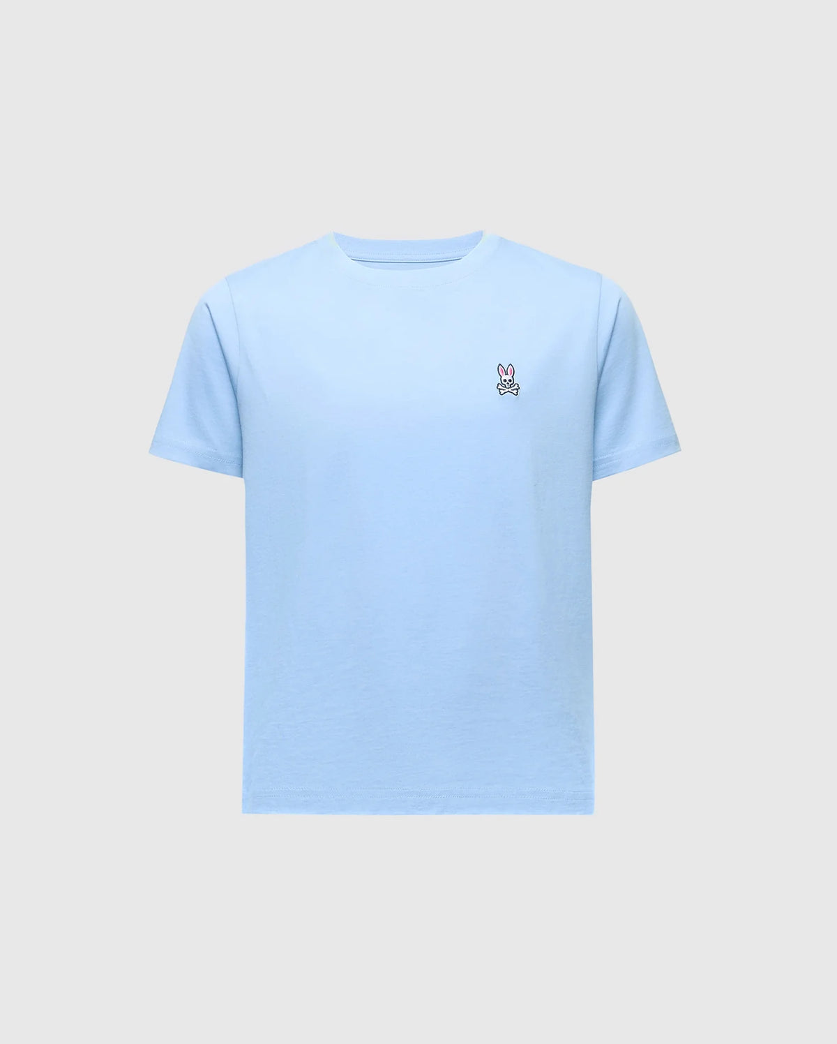 The KIDS CLASSIC CREW NECK TEE by Psycho Bunny, style B0U014B200, is a light blue Pima cotton tee with a small embroidered bunny logo on the left chest against a plain gray background.