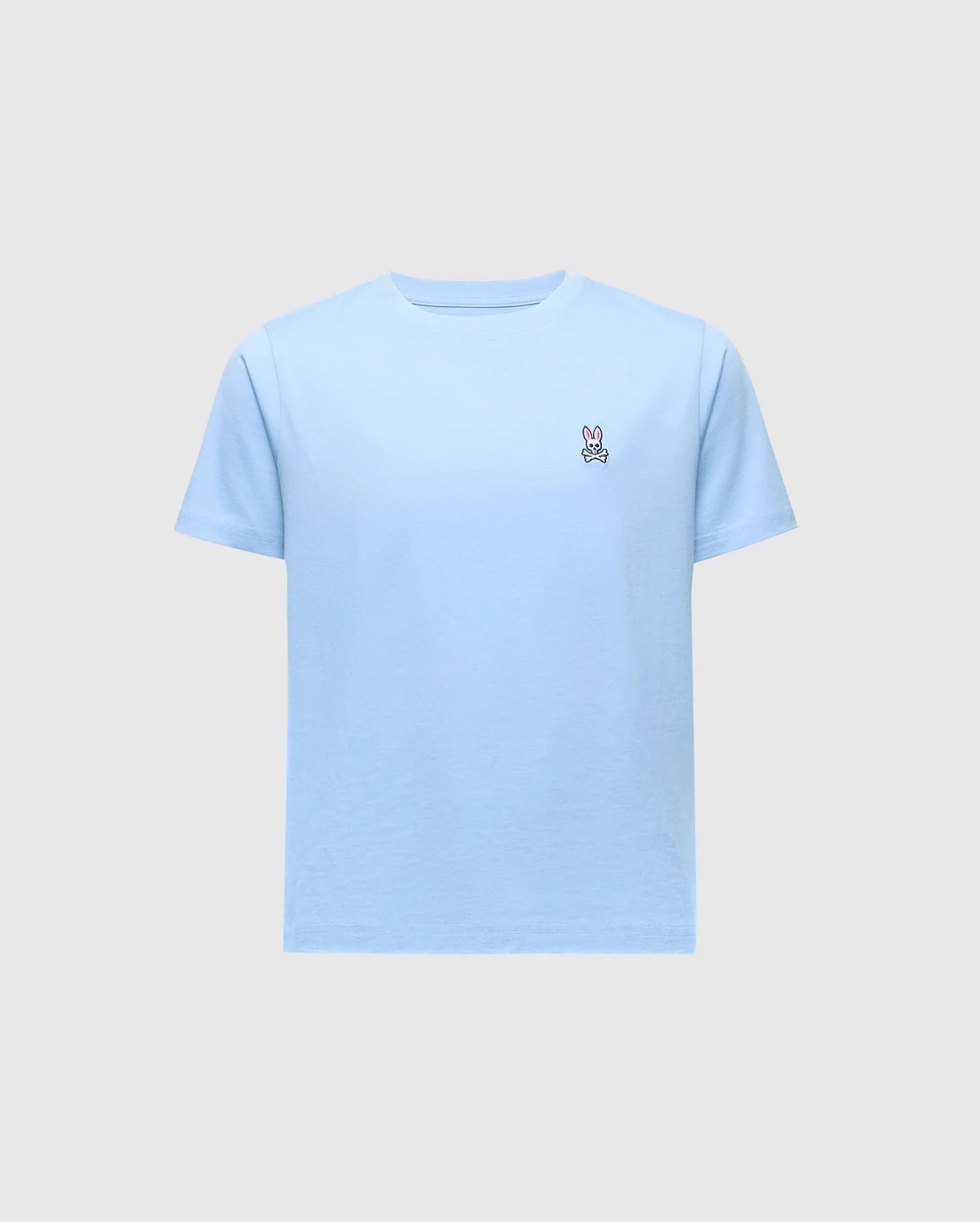 The KIDS CLASSIC CREW NECK TEE by Psycho Bunny, style B0U014B200, is a light blue Pima cotton tee with a small embroidered bunny logo on the left chest against a plain gray background.