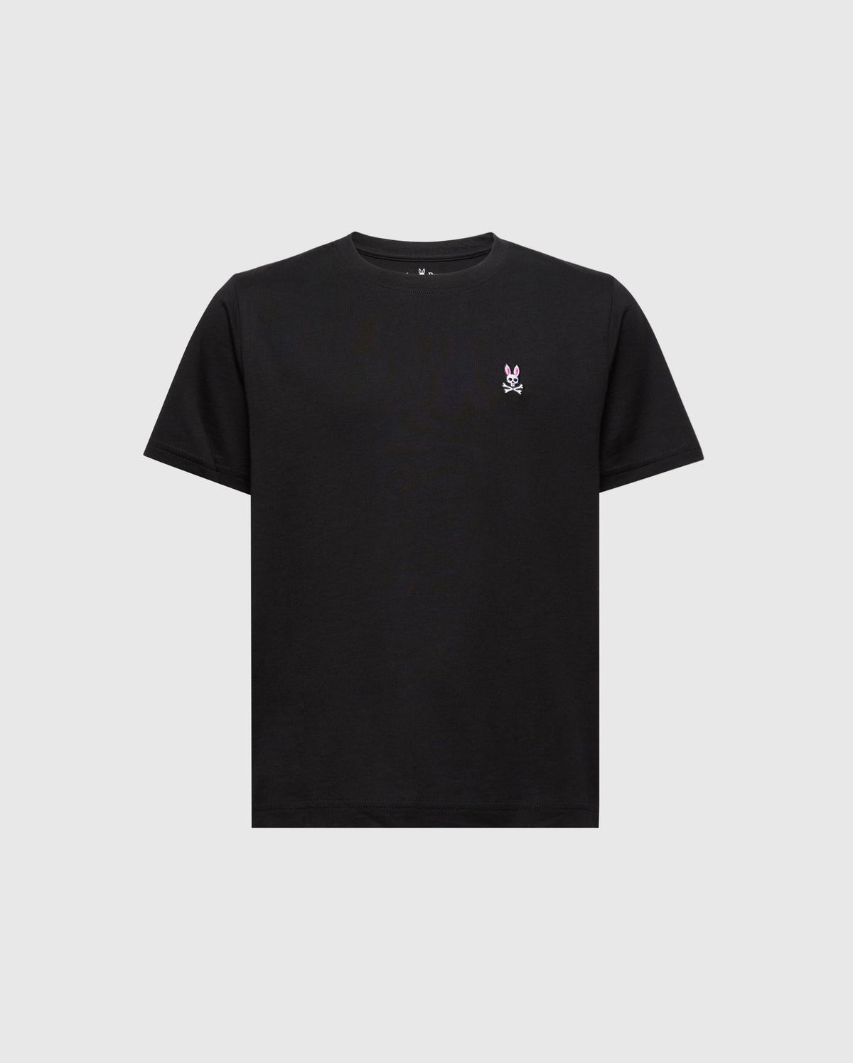The Psycho Bunny KIDS CLASSIC CREW NECK TEE (B0U014CRPC) is a 100% Pima cotton t-shirt with a small purple cartoon character embroidered logo on the left chest, offering a plain background and front-facing design for a simple yet charming look.