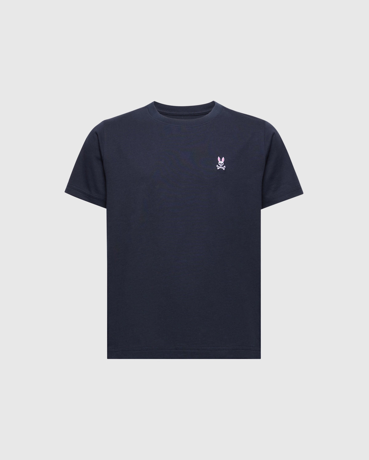 The Psycho Bunny KIDS CLASSIC CREW NECK TEE (B0U014CRPC) is a timeless black shirt made from 100% Pima cotton, featuring a playful embroidered white skull and crossbones with bunny ears on the left chest, all set against a light gray backdrop.