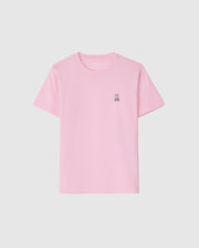 The KIDS CLASSIC CREW NECK TEE - B0U014CRPC by Psycho Bunny is a light pink kids' tee made of 100% Pima cotton. It features a small embroidered bunny logo on the upper left against a white background, offering comfort and style for back-to-school outfits.