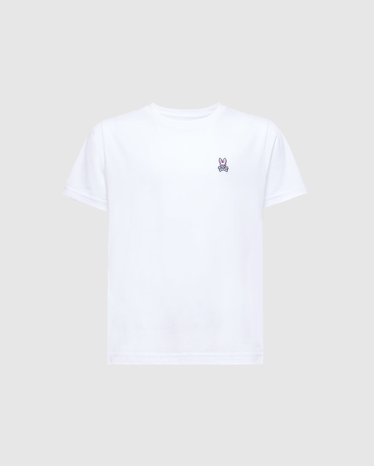 The KIDS CLASSIC CREW NECK TEE - B0U014CRPC by Psycho Bunny is a white Pima cotton T-shirt with the Classic Psycho Bunny embroidered logo on the left chest, short sleeves, and a plain gray background, making it a timeless wardrobe staple.