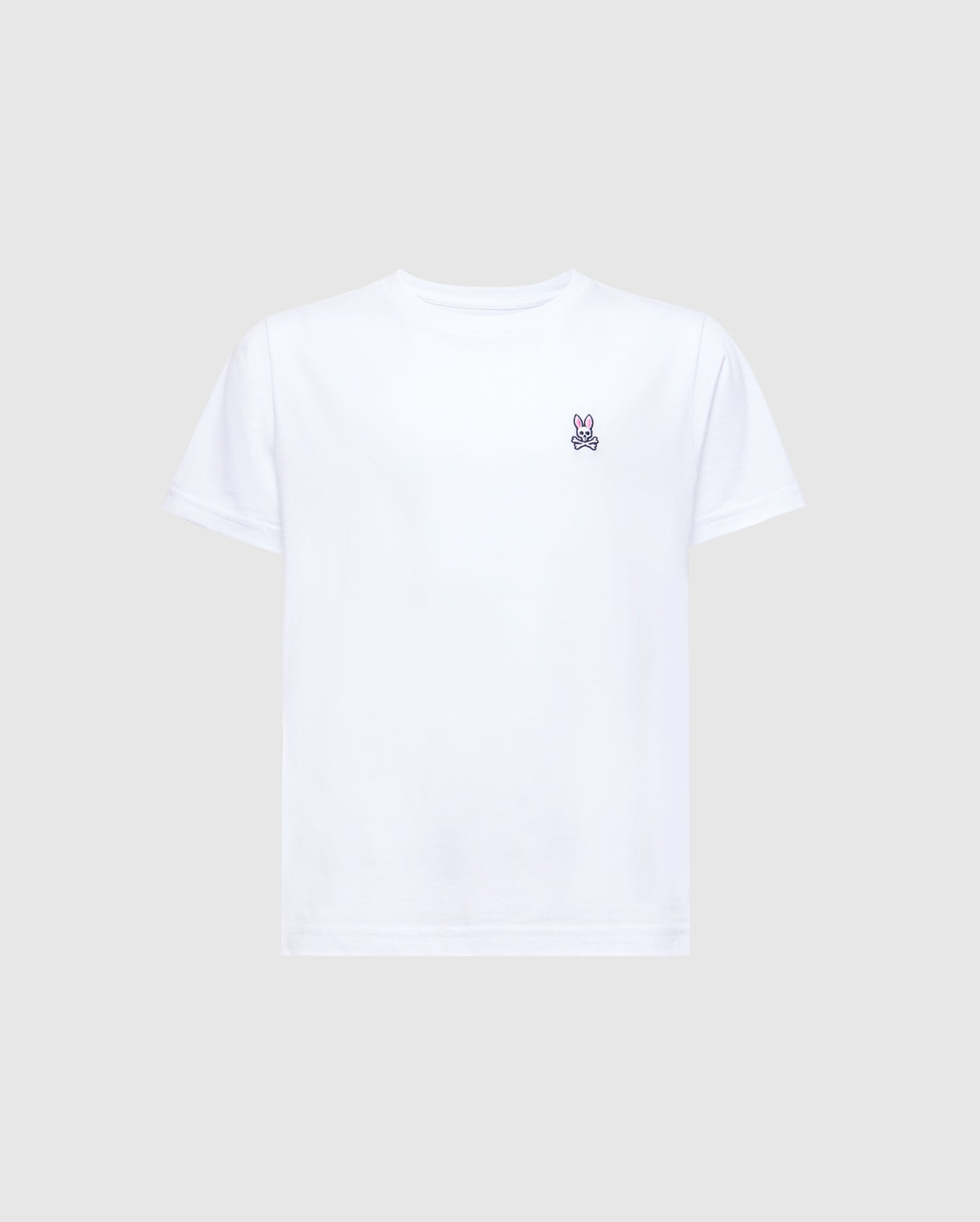 The KIDS CLASSIC CREW NECK TEE - B0U014CRPC by Psycho Bunny is a white Pima cotton T-shirt with the Classic Psycho Bunny embroidered logo on the left chest, short sleeves, and a plain gray background, making it a timeless wardrobe staple.