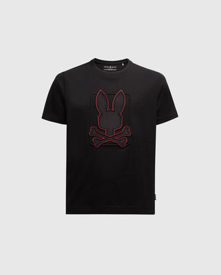 Experience the softness of Pima cotton with the Psycho Bunny KIDS PIERCE GRAPHIC TEE - B0U115E200. This black tee features an eye-catching red embroidered bunny skull and crossbones design on the front, set against a light gray background.