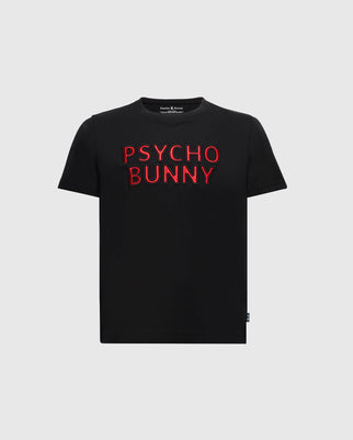 The KIDS PIERCE EMBROIDERED GRAPHIC TEE by Psycho Bunny is a black T-shirt for kids, made from soft Pima cotton, featuring bold "PSYCHO BUNNY" red letters on the front and a subtle embroidered design.