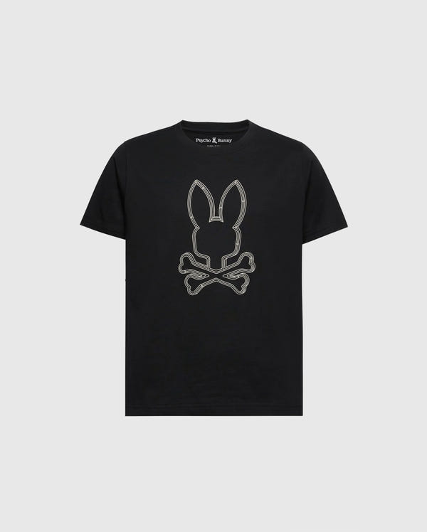 The KIDS MONARC FRONT BUNNY GRAPHIC TEE - B0U211E200 by Psycho Bunny is a black Pima cotton T-shirt featuring a prominent bunny head with ears and face above crossbones, all outlined in reflective silver. The graphic is precisely centered on the shirt for maximum visual impact.
