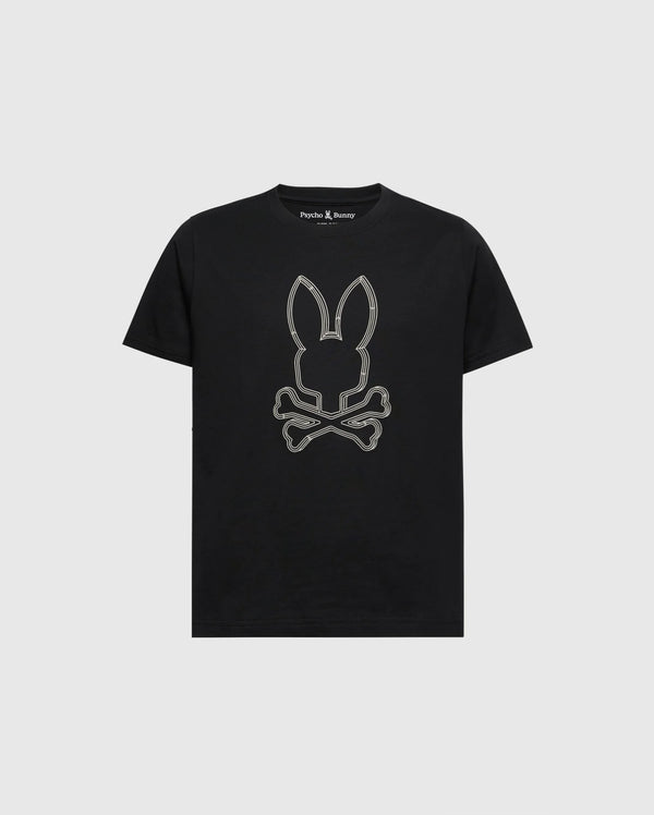 The KIDS MONARC FRONT BUNNY GRAPHIC TEE - B0U211E200 by Psycho Bunny is a black Pima cotton T-shirt featuring a prominent bunny head with ears and face above crossbones, all outlined in reflective silver. The graphic is precisely centered on the shirt for maximum visual impact.