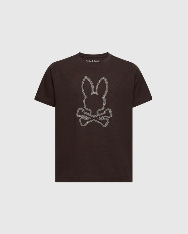 The KIDS MONARC FRONT BUNNY GRAPHIC TEE - B0U211E200 by Psycho Bunny is a graphic tee made from soft Pima cotton, featuring a bold rabbit head design above crossed bones, similar to a skull and crossbones. The light color of the graphic contrasts with the black T-shirt, enhancing its distinct style.