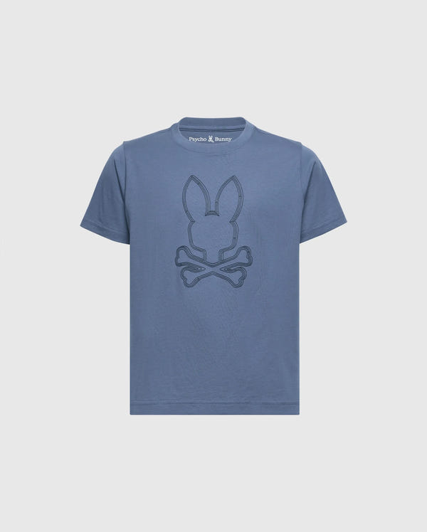 This KIDS MONARC FRONT BUNNY GRAPHIC TEE - B0U211E200 from Psycho Bunny is made from soft Pima cotton, featuring a blue T-shirt with a raised bunny print. The highlight of the design is an embroidered rabbit head with crossbones underneath, set against a plain background.
