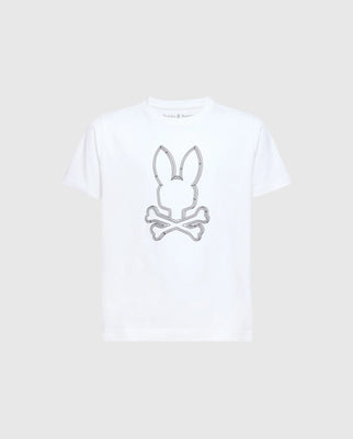 The KIDS MONARC FRONT BUNNY GRAPHIC TEE - B0U211E200 by Psycho Bunny showcases a minimalist design with an outline of a bunny head above crossbones, crafted in reflective, metallic-like material. Made from soft Pima cotton, the t-shirt is displayed on a plain, light gray background.