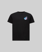The KIDS MONTREAL TEE (B0U381F200) by Psycho Bunny is a black 100% Pima cotton short-sleeve shirt with a colorful wolf head graphic and blue-pink accents on the left chest, shown on a light gray background—ideal for Psycho Bunny fans in Montreal.