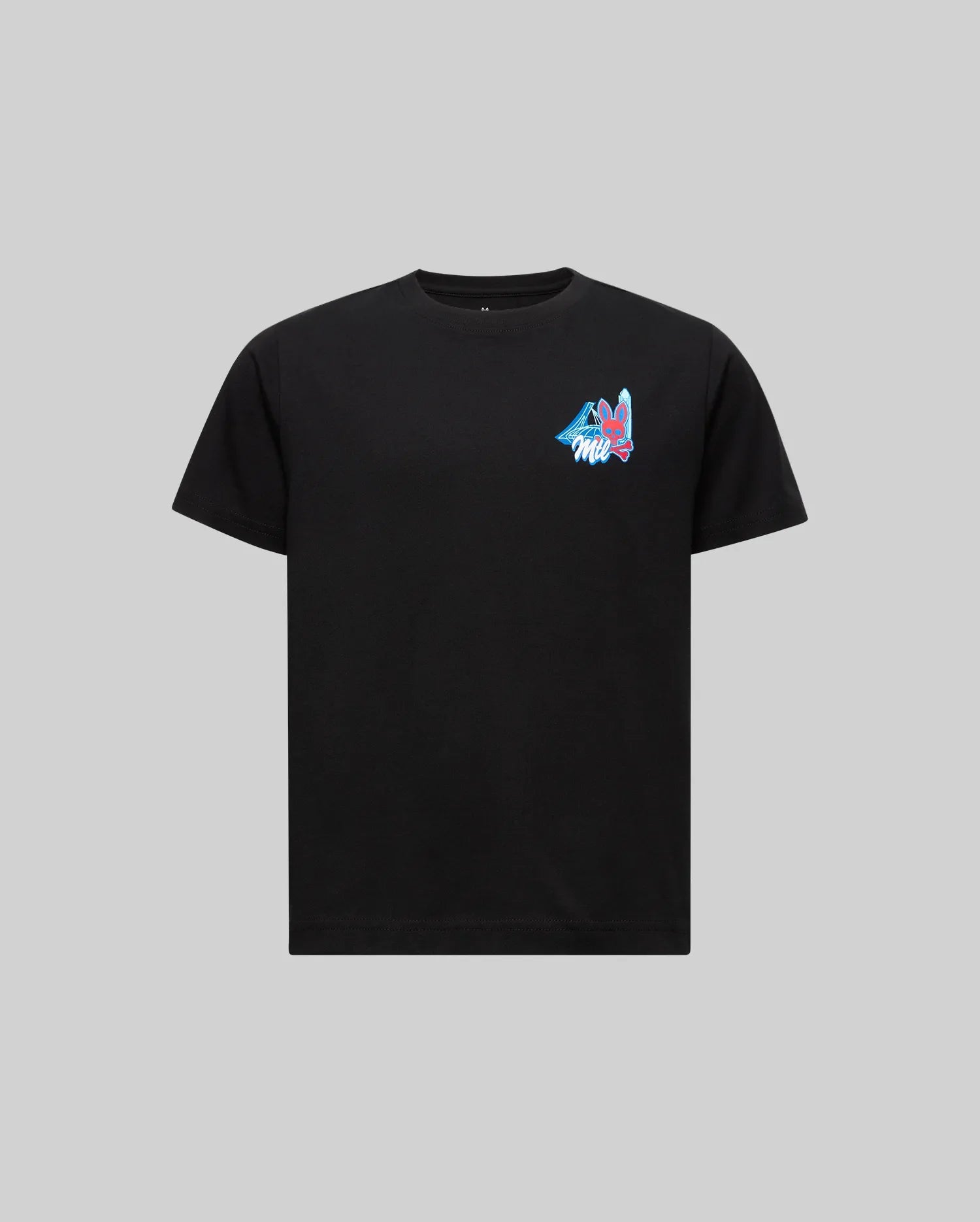 The KIDS MONTREAL TEE (B0U381F200) by Psycho Bunny is a black 100% Pima cotton short-sleeve shirt with a colorful wolf head graphic and blue-pink accents on the left chest, shown on a light gray background—ideal for Psycho Bunny fans in Montreal.