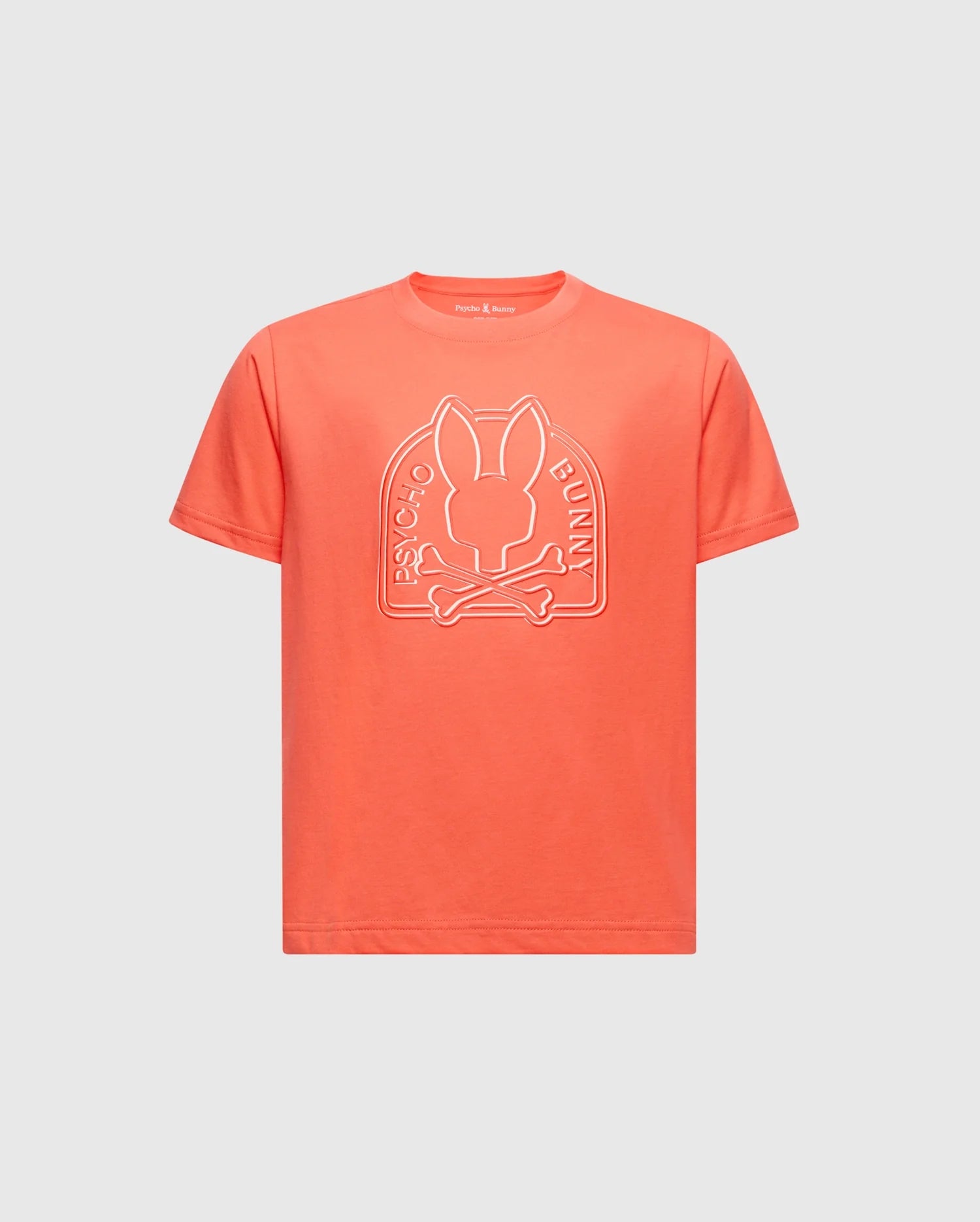The KIDS MELBOURNE GRAPHIC TEE - B0U410F200 by Psycho Bunny is an orange tee with a white outline bunny and crossed bones graphic. Crafted from luxurious Pima cotton, it features "Psycho Bunny" elegantly around the design, combining style and comfort seamlessly.