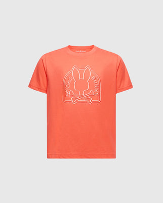 The KIDS MELBOURNE GRAPHIC TEE - B0U410F200 by Psycho Bunny is an orange tee with a white outline bunny and crossed bones graphic. Crafted from luxurious Pima cotton, it features "Psycho Bunny" elegantly around the design, combining style and comfort seamlessly.