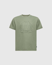 The KIDS MELBOURNE GRAPHIC TEE - B0U410F200 by Psycho Bunny in olive green features an embossed bunny with crossed bones and "Psycho Bunny" text. Made from soft Pima cotton, it has a round neckline and short sleeves for supreme comfort.