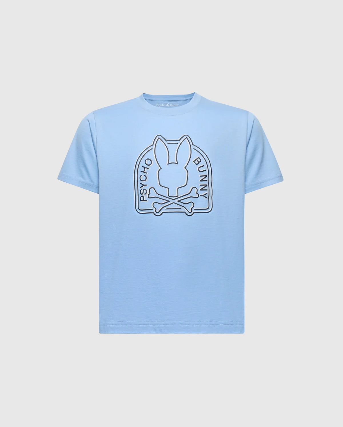 The Kids Melbourne Graphic Tee (B0U410F200) by Psycho Bunny, crafted from 100% Pima cotton in light blue, features a bunny head and crossbones graphic with "Psycho Bunny" text, adding an edgy touch to this eco-friendly piece.