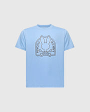 The Kids Melbourne Graphic Tee (B0U410F200) by Psycho Bunny, crafted from 100% Pima cotton in light blue, features a bunny head and crossbones graphic with "Psycho Bunny" text, adding an edgy touch to this eco-friendly piece.