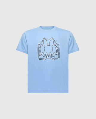 The Kids Melbourne Graphic Tee (B0U410F200) by Psycho Bunny, crafted from 100% Pima cotton in light blue, features a bunny head and crossbones graphic with "Psycho Bunny" text, adding an edgy touch to this eco-friendly piece.