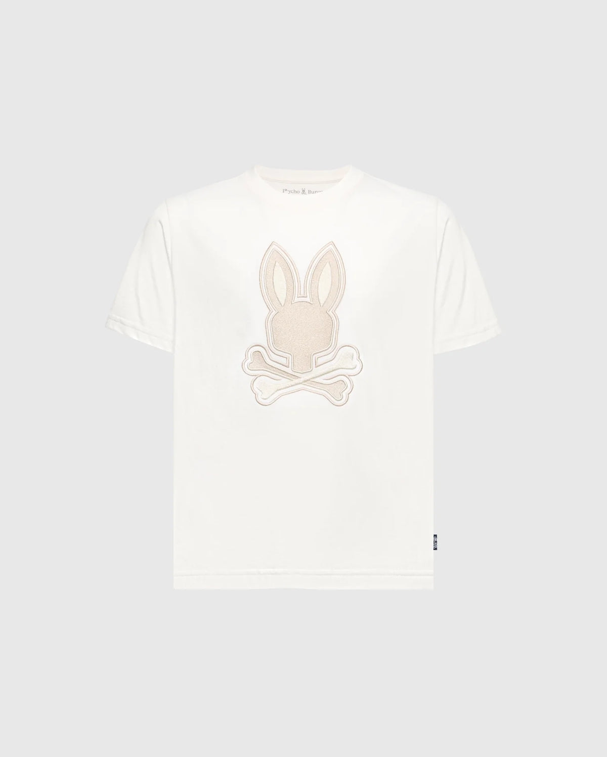 Discover the Psycho Bunny KIDS NEW CASTLE EMBROIDERED GRAPHIC TEE - B0U415F200, a white Pima cotton tee featuring an embroidered long-eared bunny atop crossed bones.