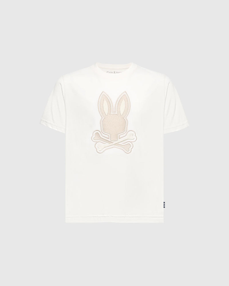Discover the Psycho Bunny KIDS NEW CASTLE EMBROIDERED GRAPHIC TEE - B0U415F200, a white Pima cotton tee featuring an embroidered long-eared bunny atop crossed bones.