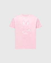 The KIDS NEW CASTLE EMBROIDERED GRAPHIC TEE - B0U415F200 by Psycho Bunny features a pink tee with a bunny head and skull and crossbones embroidery on the chest, all in premium Pima cotton set against a gray background.